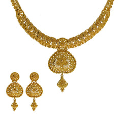 22K Yellow Gold Mango Necklace & Earrings Set W/ Beaded Filigree & Domed Scallop Pendants - Virani Jewelers