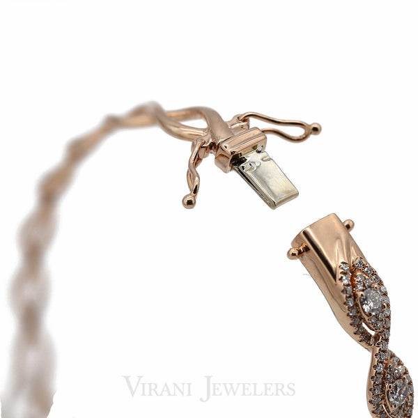 14K Gold Diamond Bangle - Virani Jewelers | Classy Diamond Bangle set in solid 14k rose gold. This diamond twist bracelet has an open up hing...