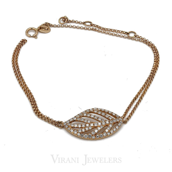 Minimalist 0.7 CT Diamond Finger Bracelet set in an 18K Rose Gold Leaf Shape - Virani Jewelers | This is a minimalist 18K rose gold finger-chain 0.7ct diamond leaf bracelet. Our rose gold leaf b...