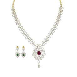 18K Multi Tone Gold Diamond Necklace & Drop Earrings Set W/ 6.27ct VVS Diamonds & Interchangeable Stone on Open Cut Leaf Frame - Virani Jewelers
