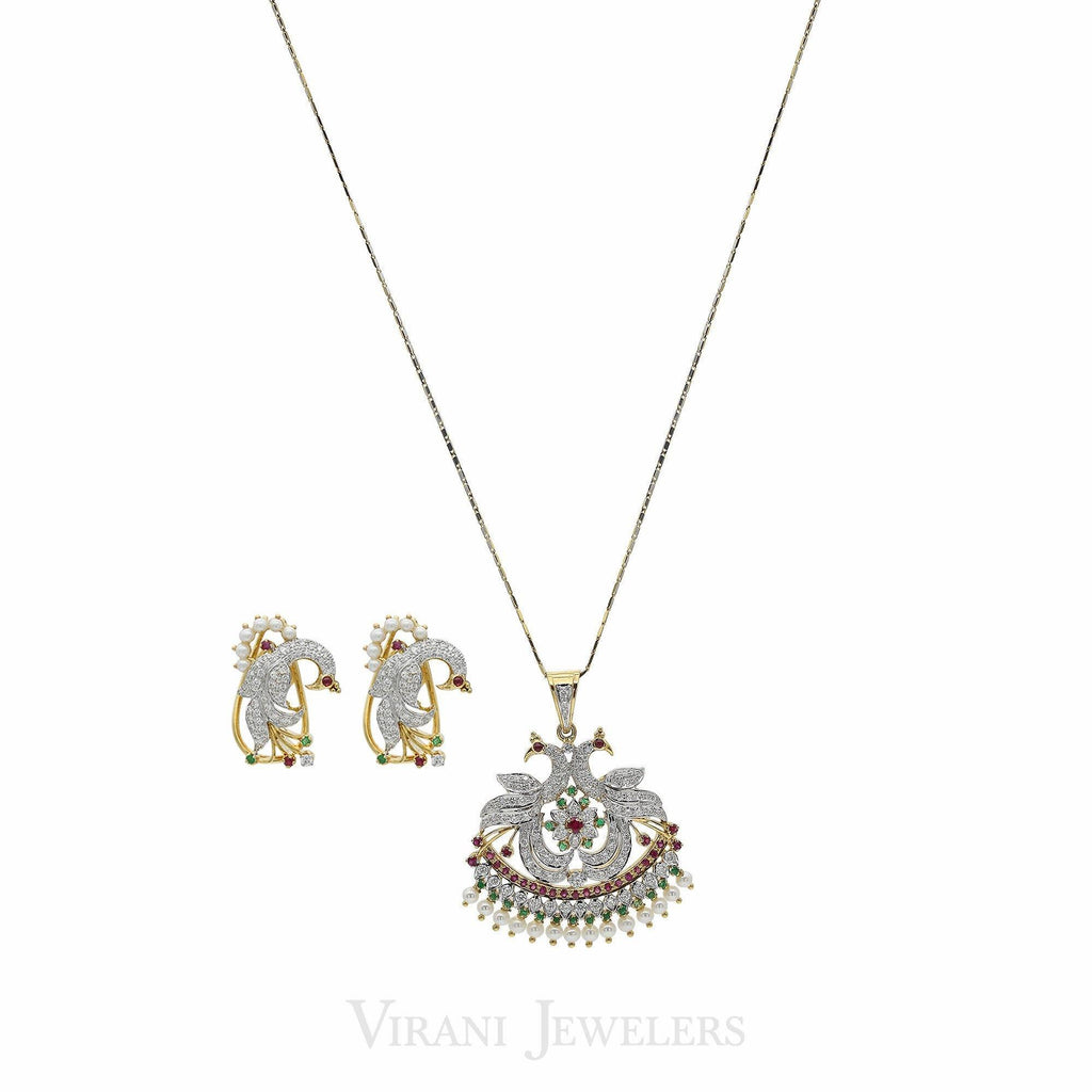 2.23CT Diamond Bisou Peacock Necklace & Earring Set in 18K Yellow Gold W/ Multi Gems - Virani Jewelers | 2.23CT Diamond Bisou Peacock Necklace & Earring Set in 18K Yellow Gold W/ Multi Gems for wome...
