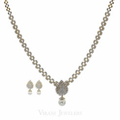 4.95CT Diamond Necklace & Earrings Set in 18K Gold W/ Pear Frame Pendant & Single Drop Pearl - Virani Jewelers