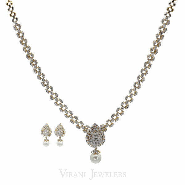 4.95CT Diamond Necklace & Earrings Set in 18K Gold W/ Pear Frame Pendant & Single Drop Pearl - Virani Jewelers |  4.95CT Diamond Necklace & Earrings Set in 18K Gold W/ Pear Frame Pendant & Single Drop P...
