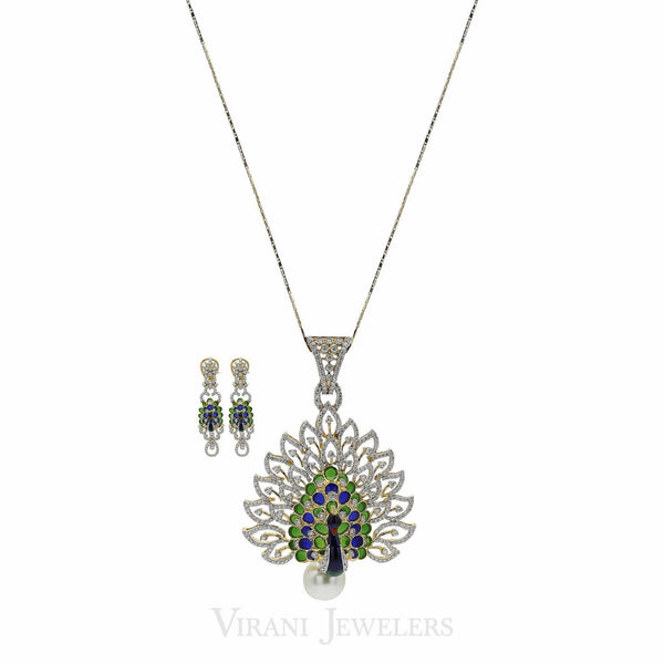 Peacock Diamond Pendant Necklace & Earring Set in 18K Gold W/ 4.51CT Round Diamonds - Virani Jewelers | Peacock Diamond Pendant Necklace & Earring Set in 18K Gold W/ 4.51CT Round Diamonds for women...