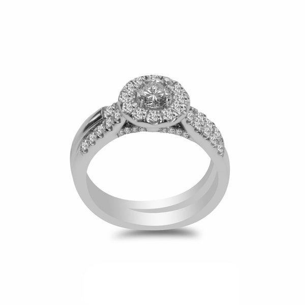 1.0CT Diamond Engagement Ring Set in 14K White Gold - Virani Jewelers | 1.0CT Halo Diamond Engagement Ring Set in 14K White Gold for women. Center stone has a solitare o...