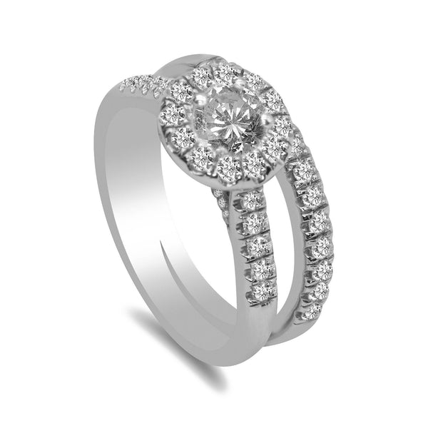 1.0CT Diamond Engagement Ring Set in 14K White Gold - Virani Jewelers | 1.0CT Halo Diamond Engagement Ring Set in 14K White Gold for women. Center stone has a solitare o...