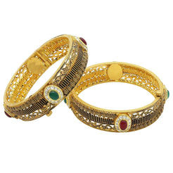 22K Antique Gold Kada Bangles, W/Ruby & Emerald, Set of 2 - Virani Jewelers