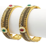 22K Antique Gold Kada Bangles, W/Ruby & Emerald, Set of 2 - Virani Jewelers | 22K Antique Gold Kada Bangles, W/Ruby & Emerald, Set of 2 for women. Bangle features intricat...