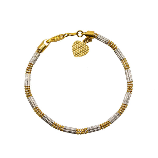 22K Multi Tone Gold Bracelet W/ Heart Charm & Rounded Beaded Link - Virani Jewelers | Enjoy a touch of golden elegance with this 22K multi tone gold charm bracelet for women from Vira...