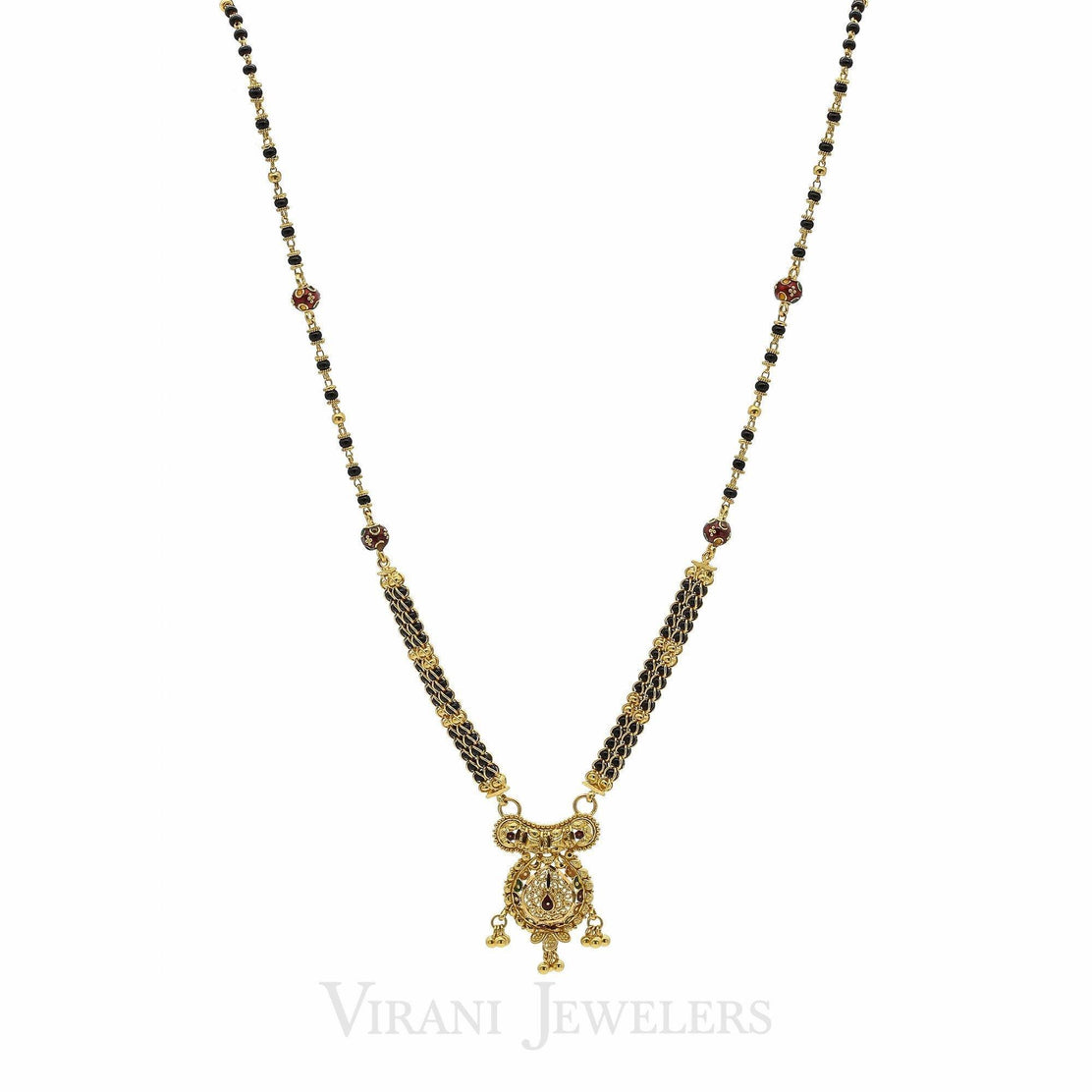 22K Yellow Gold Mangalsutra Beaded Chain Necklace w Hand Painted Bead Accents