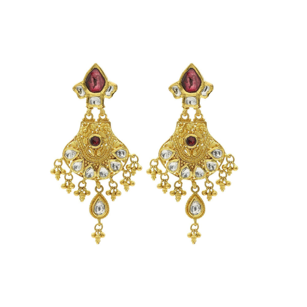22K Gold Handcrafted Chandelier Earrings W/ Kundan & Ruby Accents - Virani Jewelers | 22K Gold Handcrafted Chandelier Earrings W/ Kundan & Ruby Accents for women. Ring feature han...