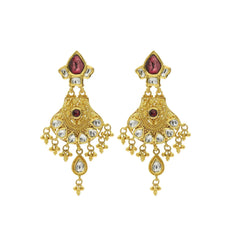 22K Gold Handcrafted Chandelier Earrings W/ Kundan & Ruby Accents - Virani Jewelers
