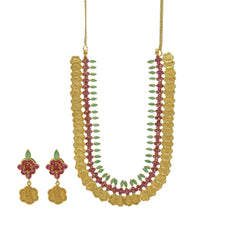 22K Gold Ruby Emerald Floral Kasu Necklace & Earrings Set - Virani Jewelers