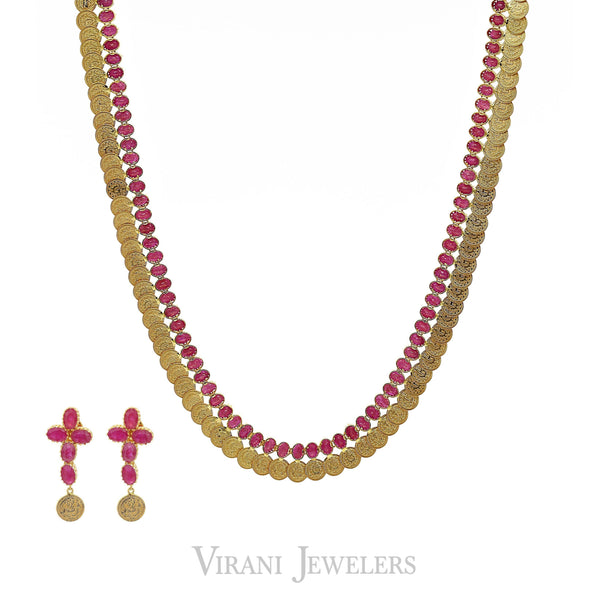 Long Kasu Necklace & Earrings Set W/ Faceted Rubies & Engraved Coins - Virani Jewelers | Long Kasu Necklace & Earrings Set W/ Faceted Rubies & Engraved Coins for women. Necklace ...