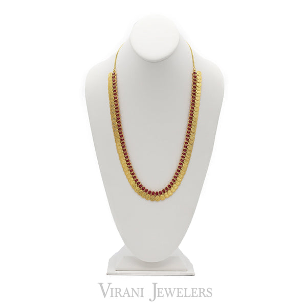 Long Kasu Necklace & Earrings Set W/ Faceted Rubies & Engraved Coins - Virani Jewelers | Long Kasu Necklace & Earrings Set W/ Faceted Rubies & Engraved Coins for women. Necklace ...