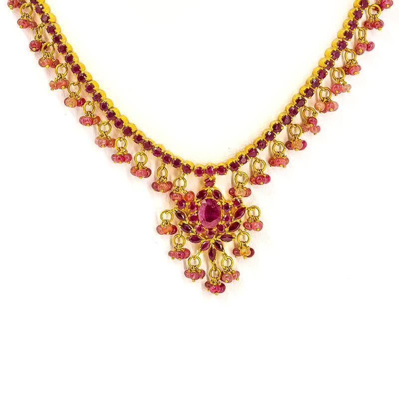 22K Gold Necklace and Earrings Set W/ Rubies - Virani Jewelers | 34mm max width necklace W/ 2.5mm chain to back & hook closure. 48 grams total, 34.3 neck, 13....