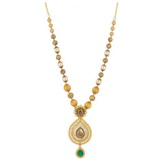 22k Antique Gold Teardrop Pendant Necklace & Earrings Set W/ Ruby, Emerald, & Pearl - Virani Jewelers