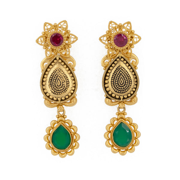 22k Antique Gold Teardrop Pendant Necklace & Earrings Set W/ Ruby, Emerald, & Pearl - Virani Jewelers | 22k Antique Gold Teardrop Pendant Necklace & Earrings Set W/ Ruby, Emerald, & Pearl for w...