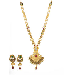 22k Antique Gold Long Pendant Necklace & Chandbali Earrings Set W/ Ruby, Emerald, & Kundan - Virani Jewelers