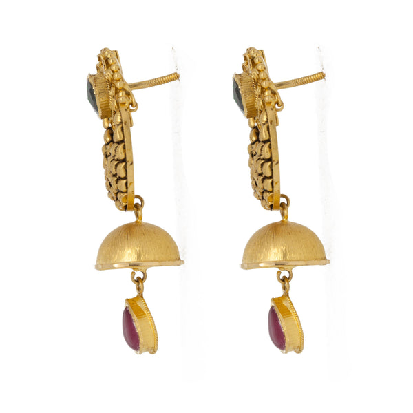 22k Antique Gold Long Pendant Necklace & Chandbali Earrings Set W/ Ruby, Emerald, & Kundan - Virani Jewelers | 22k Antique Gold Long Pendant Necklace & Chandbali Earrings Set W/ Ruby, Emerald, & Kunda...