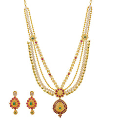 22K Yellow Gold Necklace & Earrings Set W/ Emeralds, Rubies, CZ Gems & Pear Pendants - Virani Jewelers