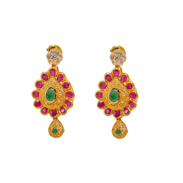 22K Yellow Gold Necklace & Earrings Set W/ Emeralds, Rubies, CZ Gems & Pear Pendants - Virani Jewelers |  22K Yellow Gold Necklace & Earrings Set W/ Emeralds, Rubies, CZ Gems & Pear Pendants for...