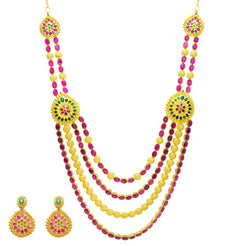 22K Yellow Gold Necklace & Earrings Set W/ Emeralds, Rubies & Ornate Draped Design - Virani Jewelers