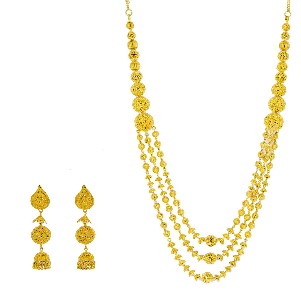 22K Yellow Gold Necklace & Jhumki Drop Earrings Set W/ Gold Balls & Cap Accents - Virani Jewelers |  22K Yellow Gold Necklace & Jhumki Drop Earrings Set W/ Gold Balls & Cap Accents for wome...
