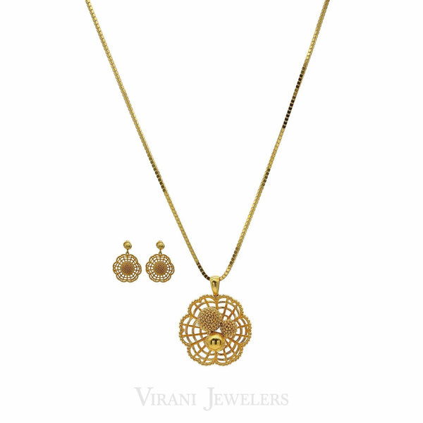 22K Yellow Gold Necklace & Earrings Set W/ Web Pendant & Textured Bead Balls - Virani Jewelers | 22K Yellow Gold Necklace & Earrings Set W/ Web Pendant & Textured Bead Balls for women. B...