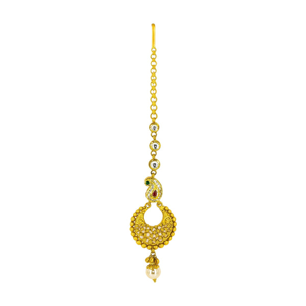 22K Antique Gold Tikka W/ Emerald, Ruby, Kundan & Pearl - Virani Jewelers | 22K Antique Gold Maang Tikka W/ Emerald, Ruby, Kundan & Pearl for women. This beautiful tradi...