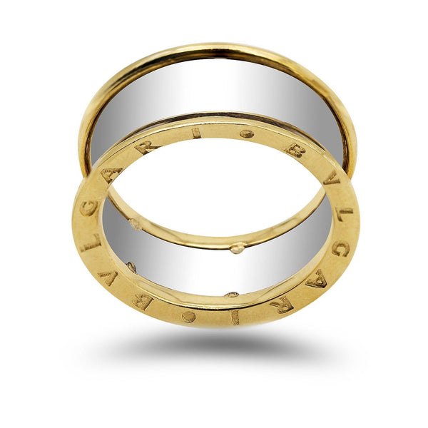 18K Two Tone Gold Bulgari Men's Ring - Virani Jewelers | This is a sophisticated 18K two-tone gold Bvlgari men's wedding ring. Yellow and white gold combi...