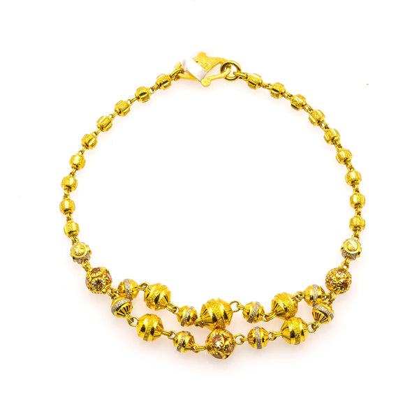 22K Multi Tone Gold Bracelet W/ CZ Gems & Semi-Split Textured Bicone Beaded Strand - Virani Jewelers | Add an elegant touch of gold to your chosen attire with this lovely 22K multi tone women’s bracel...