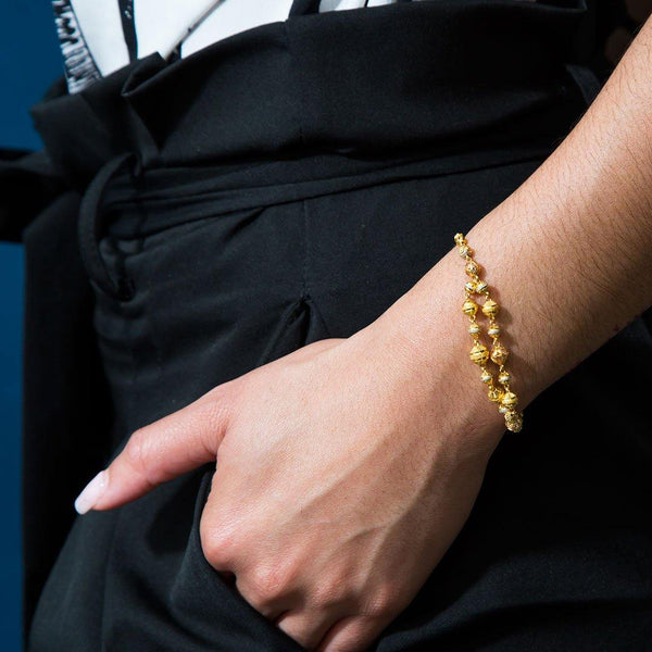 22K Multi Tone Gold Bracelet W/ CZ Gems & Semi-Split Textured Bicone Beaded Strand - Virani Jewelers | Add an elegant touch of gold to your chosen attire with this lovely 22K multi tone women’s bracel...