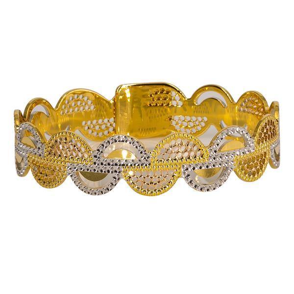 One 22K multi-tone gold bangle with a white and yellow gold semi-circle design. | Add a unique and abstract piece of 22K jewelry to your wardrobe with this multi-tone bangle from ...