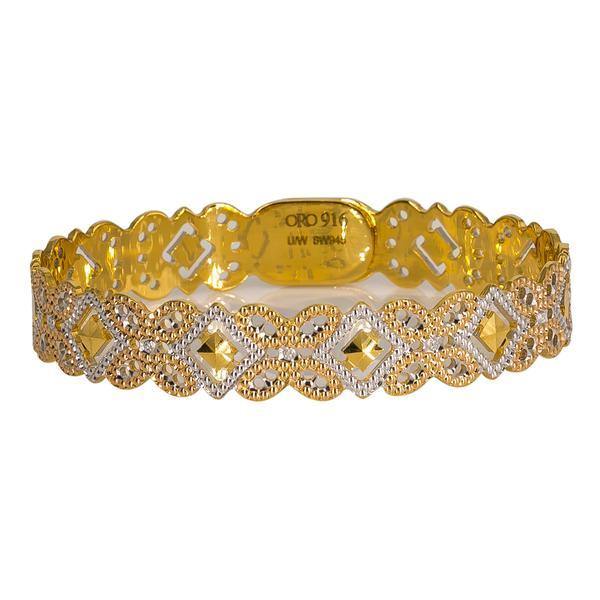 One multi-tone 22K gold bangle featuring butterfly and diamond-shaped cut-outs. | Add a one-of-a-kind piece of 22K jewelry to your collection with this multi-tone bangle from Vira...