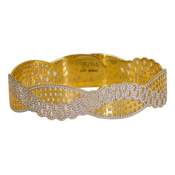 One 22K multi-tone bangle featuring an abstract crossover design. | Give yourself the gift of a unique piece of 22K jewelry with this multi-tone bangle from Virani J...