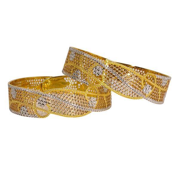 Set of two 22 karat bangles featuring slanted cutouts and eye-catching textures around each band. | Add expertly crafted 22K jewelry to your collection with this set of two multi-tone bangles from ...
