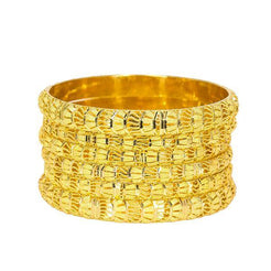 Set of six 22K Indian gold bangles from Virani Jewelers featuring minimalistic designs and intricate beaded filigree.