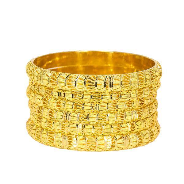 Set of six 22K Indian gold bangles from Virani Jewelers featuring minimalistic designs and intricate beaded filigree. | Upgrade your wardrobe with this set of six 22K gold bangles from Virani Jewelers!Features:

Sleek...