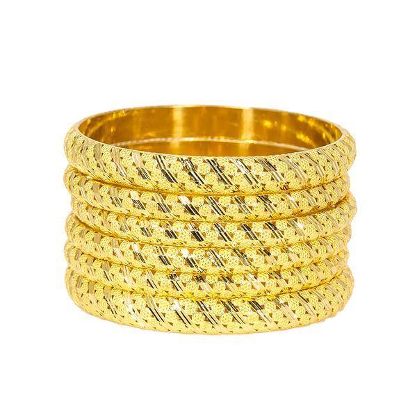 Set of six 22K yellow gold bangles with slanted gold accents and intricate details around each band. | Add beautifully accented 22K gold to your jewelry collection with this set of six bangles from Vi...