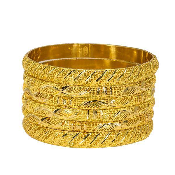 Set of six yellow 22K bangles from Virani Jewelers featuring intricate details. | Invest in the 22K gold accessories you deserve with this set of six yellow gold bangles from Vira...