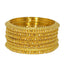 Set of six 22K yellow gold bangles from Virani Jewelers featuring thick gold baubles and intricate beaded filigree details around each band.