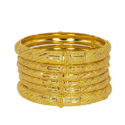 Set of six 22K yellow gold bangles from Virani Jewelers featuring beaded filigree and stunning details.