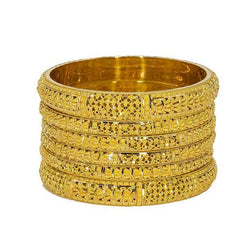 Set of six 22K Indian gold bangles from Virani Jewelers featuring chunky beaded filigree and stunning details around each band.