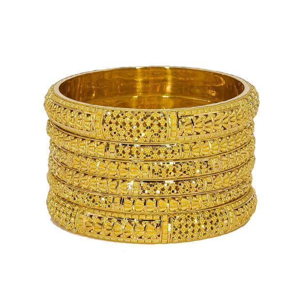 Set of six 22K Indian gold bangles from Virani Jewelers featuring chunky beaded filigree and stunning details around each band. | Add brilliant 22K gold to your wardrobe with this set of six gorgeous 22K gold bangles from Viran...