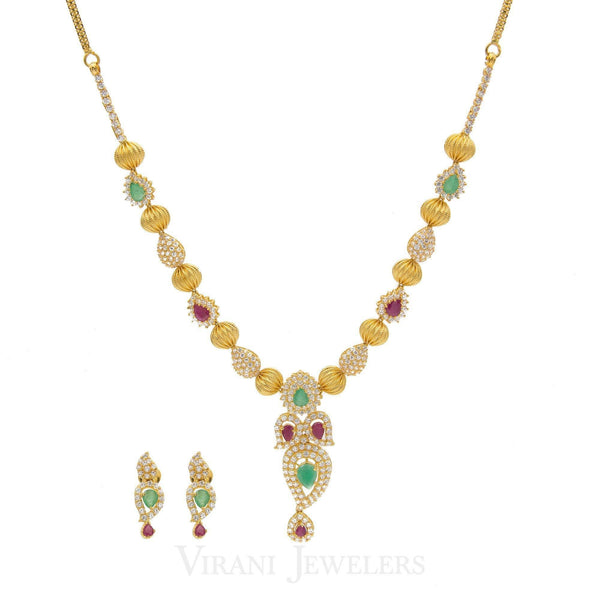 22K Yellow Gold Beaded Necklace & Earrings W/ Cubic Zirconia, Ruby, & Emerald Stones - Virani Jewelers | 22K Yellow Gold Beaded Necklace & Earrings W/ Cubic Zirconia, Ruby, & Emerald Stones for ...