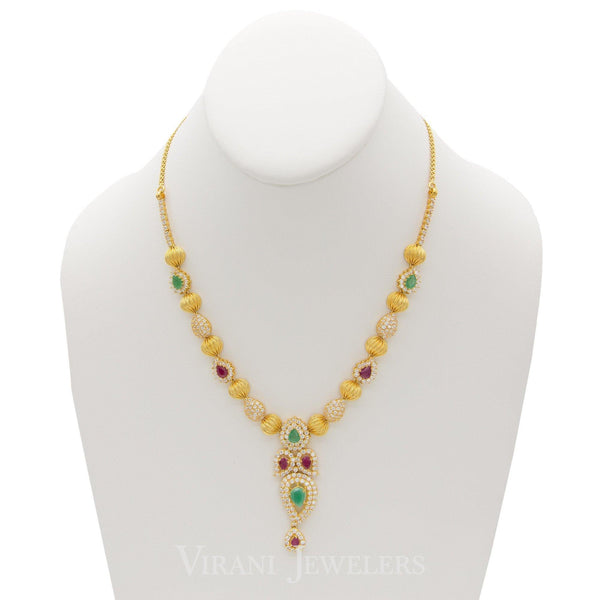 22K Yellow Gold Beaded Necklace & Earrings W/ Cubic Zirconia, Ruby, & Emerald Stones - Virani Jewelers | 22K Yellow Gold Beaded Necklace & Earrings W/ Cubic Zirconia, Ruby, & Emerald Stones for ...