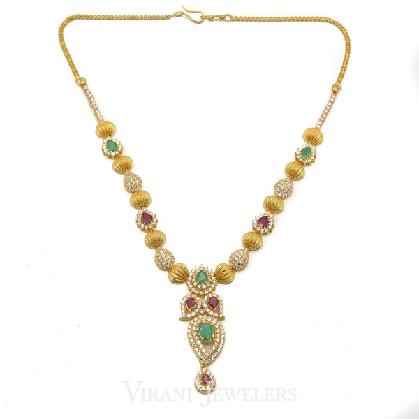 22K Yellow Gold Beaded Necklace & Earrings W/ Cubic Zirconia, Ruby, & Emerald Stones - Virani Jewelers | 22K Yellow Gold Beaded Necklace & Earrings W/ Cubic Zirconia, Ruby, & Emerald Stones for ...