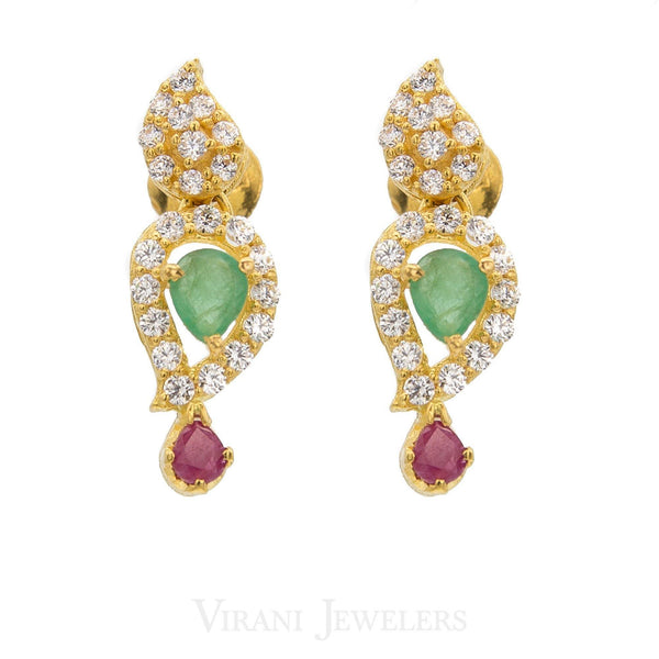 22K Yellow Gold Beaded Necklace & Earrings W/ Cubic Zirconia, Ruby, & Emerald Stones - Virani Jewelers | 22K Yellow Gold Beaded Necklace & Earrings W/ Cubic Zirconia, Ruby, & Emerald Stones for ...